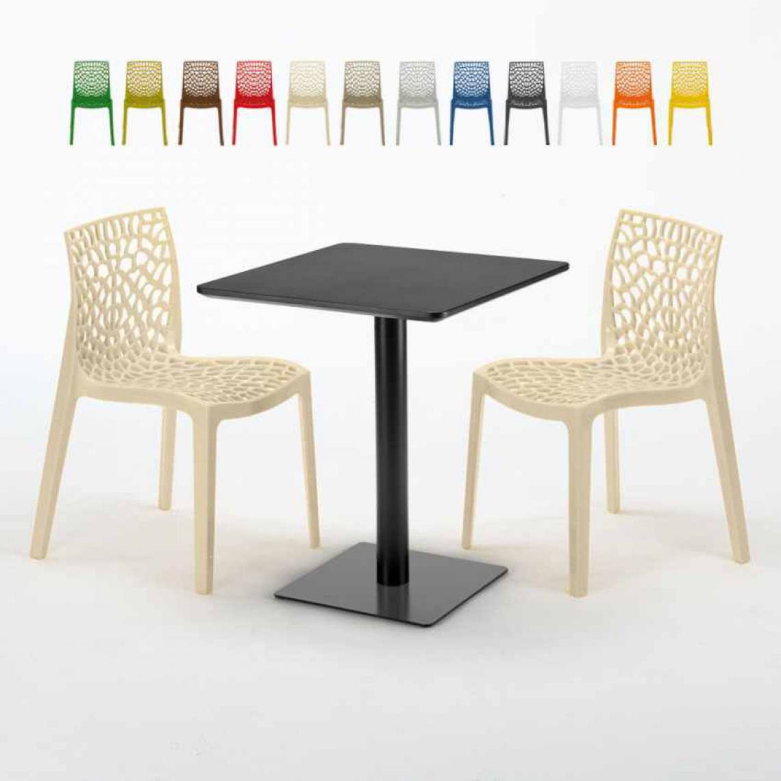 Grand Soleil - Table carrée 60x60 noire avec 2 chaises colorées Gruvyer Licorice, Couleur: Beige - Tables à manger