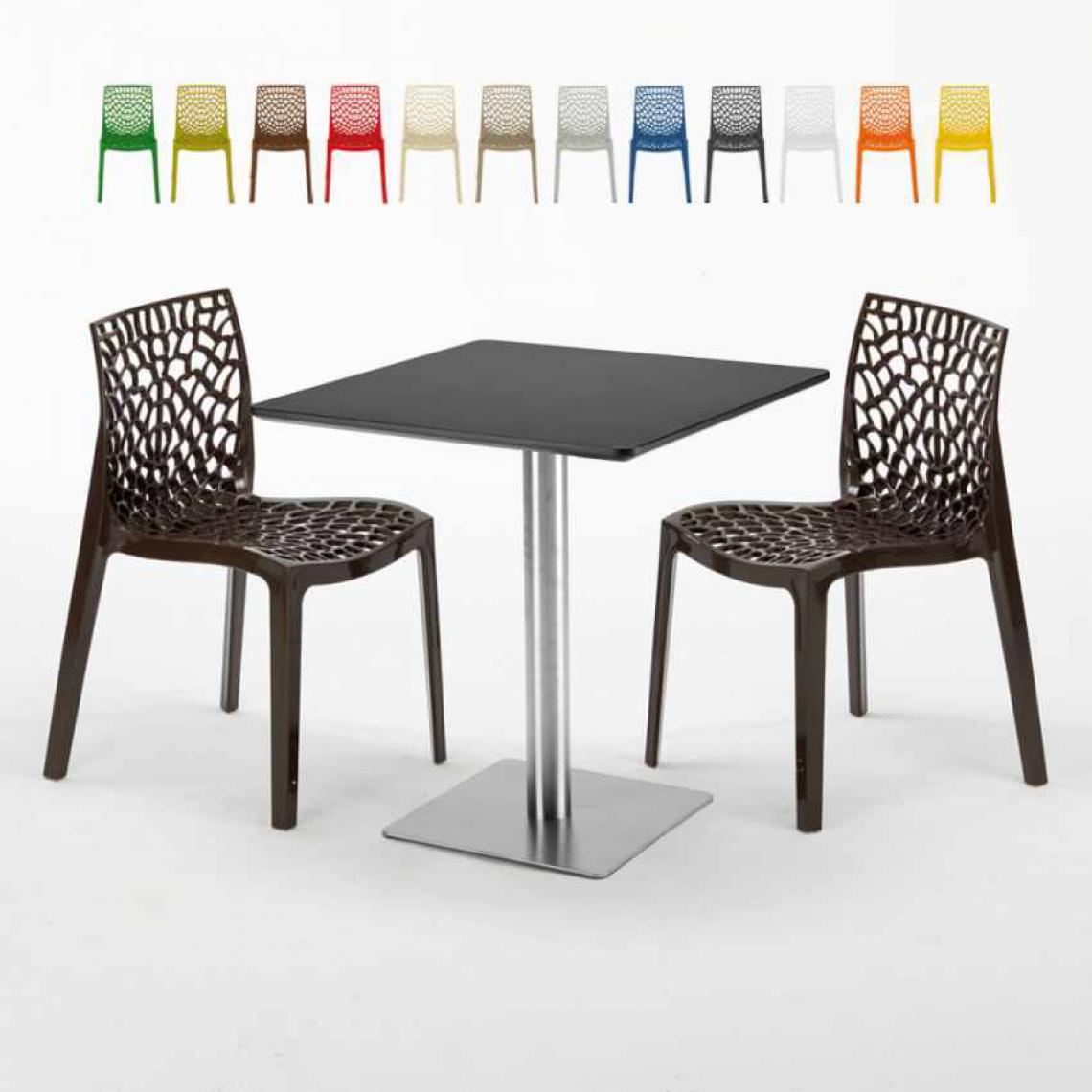 Grand Soleil - Table carrée noire 70x70 avec 2 chaises colorées Gruvyer Rum Raisin, Couleur: Marron - Tables à manger