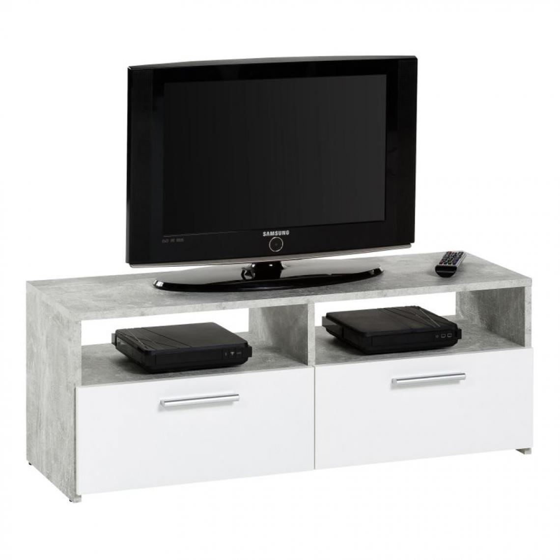 But - Meuble TV 2 tiroirs/2 niches RANA Effet béton/blanc - Meubles TV, Hi-Fi