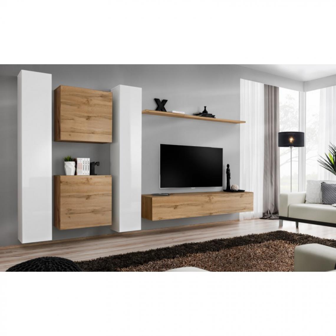 Ac-Deco - Meuble TV Mural Design Switch VI 330cm Blanc & Naturel - Meubles TV, Hi-Fi