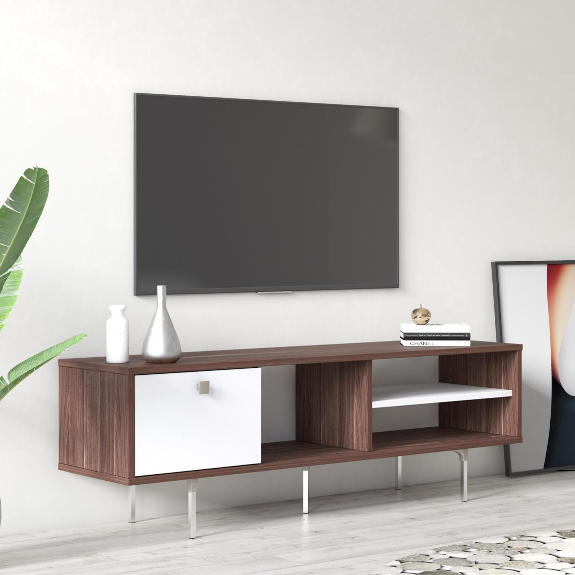 Alter - Meuble TV de salon avec une porte abattante et compartiments, 140 x 35 x 45 cm, couleur noyer avec détail blanc - Meubles TV, Hi-Fi