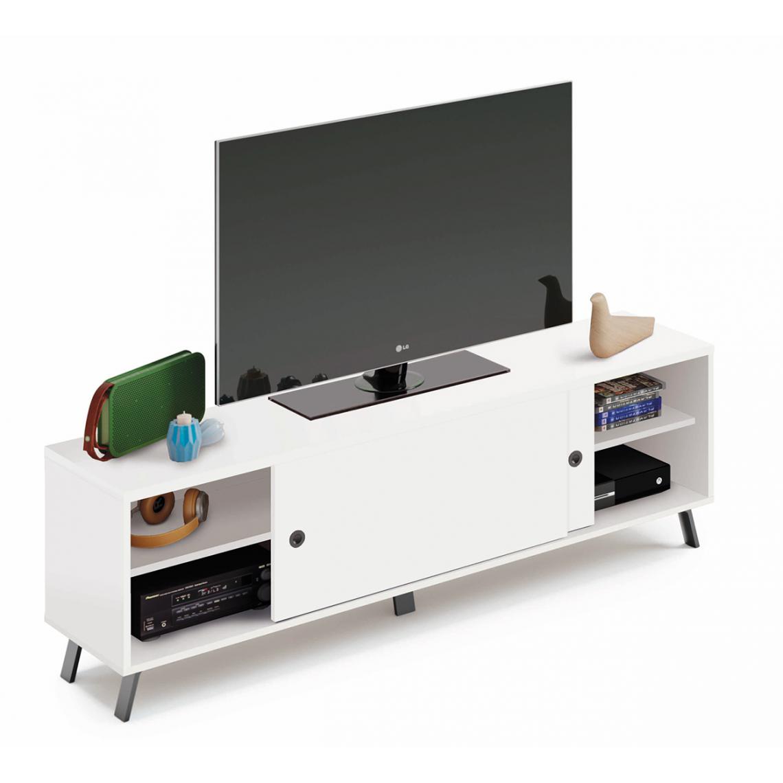 Pegane - Meuble TV 2 portes coloris blanc - Hauteur 52 x Longueur 160 x Profondeur 40 cm - Meubles TV, Hi-Fi