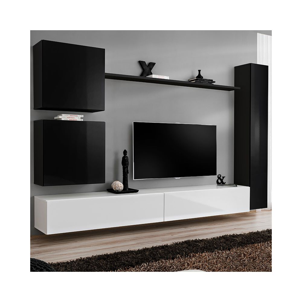 Nouvomeuble - Meuble TV suspendu design noir et blanc LATIANO 2 - Meubles TV, Hi-Fi
