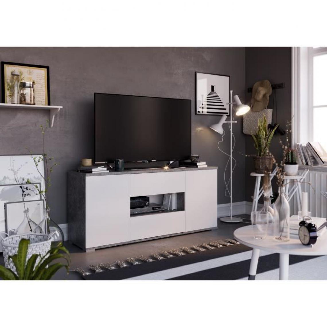 Cstore - CSTORE - star meuble tv 2 portes 2 tiroirs - décor béton et blanc - l 150xp 42xh 67 cm - Meubles TV, Hi-Fi