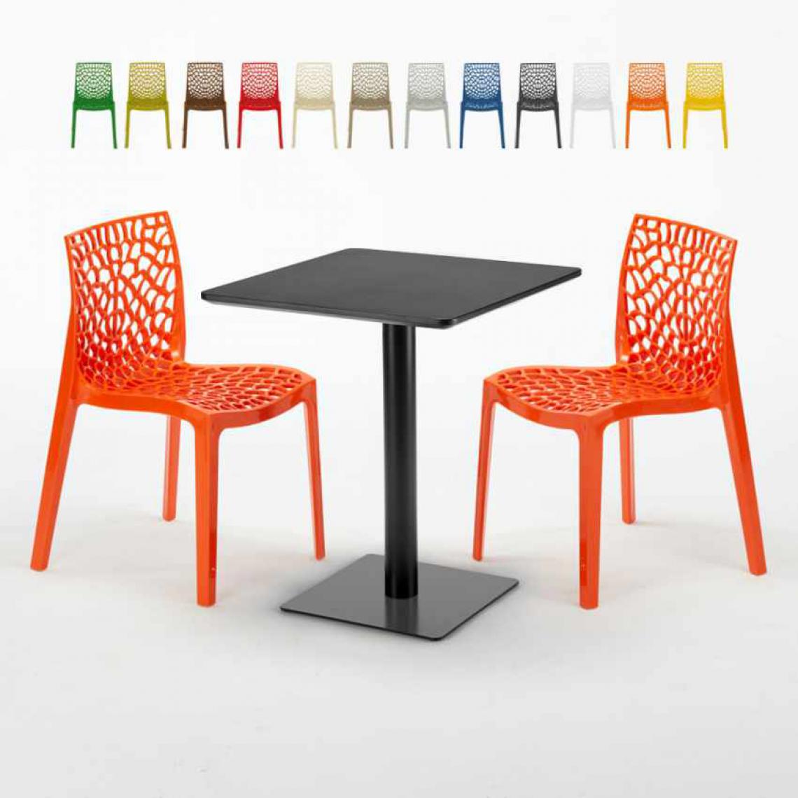 Grand Soleil - Table carrée 60x60 noire avec 2 chaises colorées Gruvyer Licorice, Couleur: Orange - Tables à manger