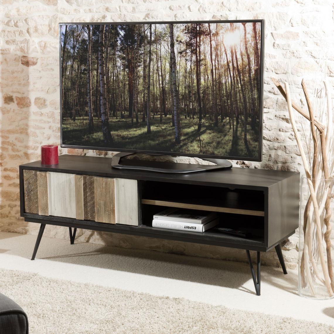 MACABANE - Meuble TV 1 porte coulissante 2 niches pieds épingle style industriel - Multicolore - Meubles TV, Hi-Fi