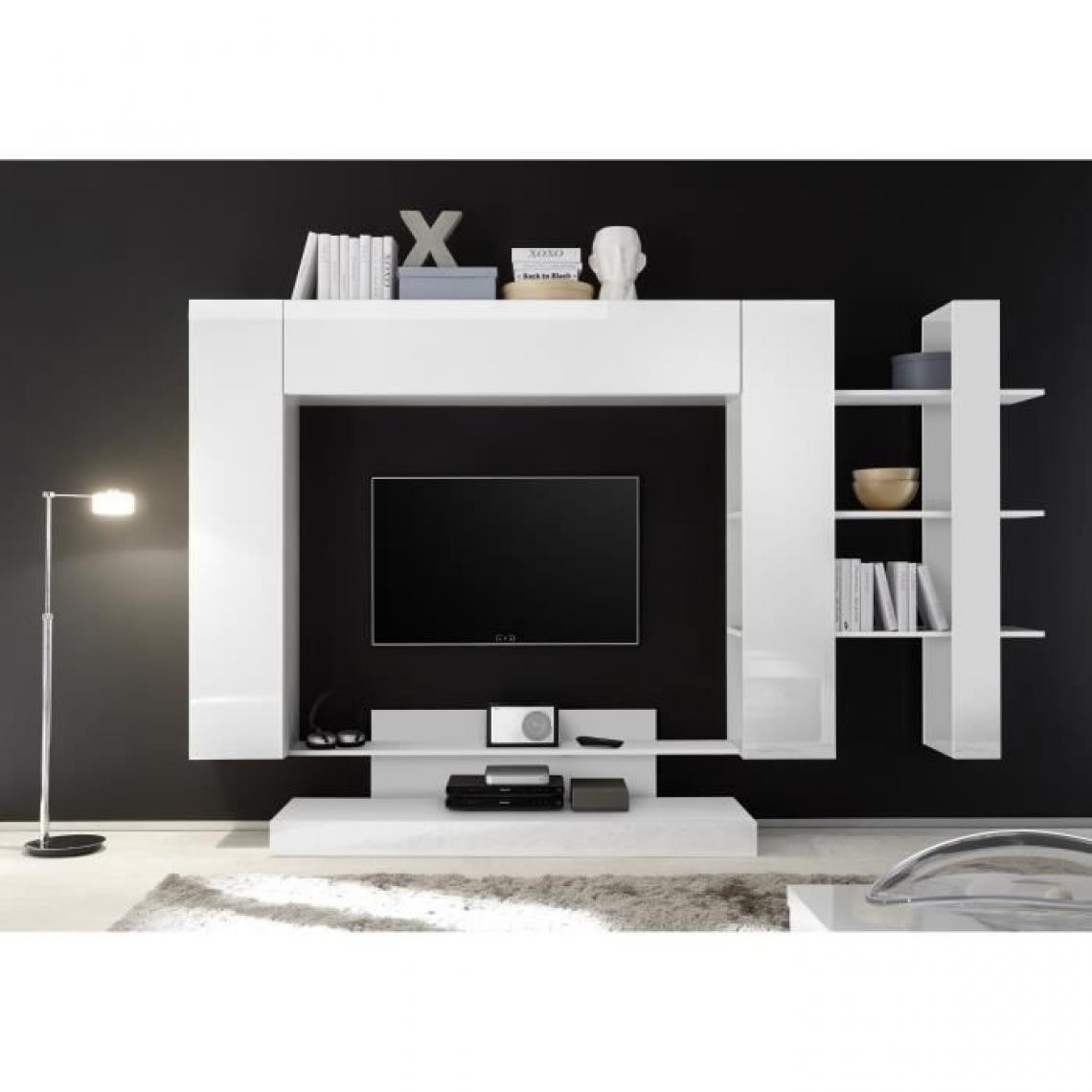 Cstore - Meuble TV Mural 2 portes - Laqué Noir et Blanc - L 259 x P 42 x H 175 cm - NAPOLI - Meubles TV, Hi-Fi