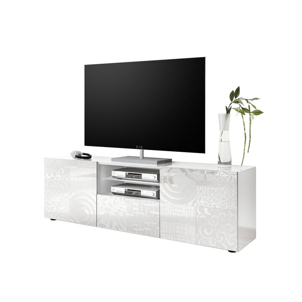 Tousmesmeubles - Meuble TV 2 portes 1 tiroir Laqué Blanc brillant - BARI - Meubles TV, Hi-Fi