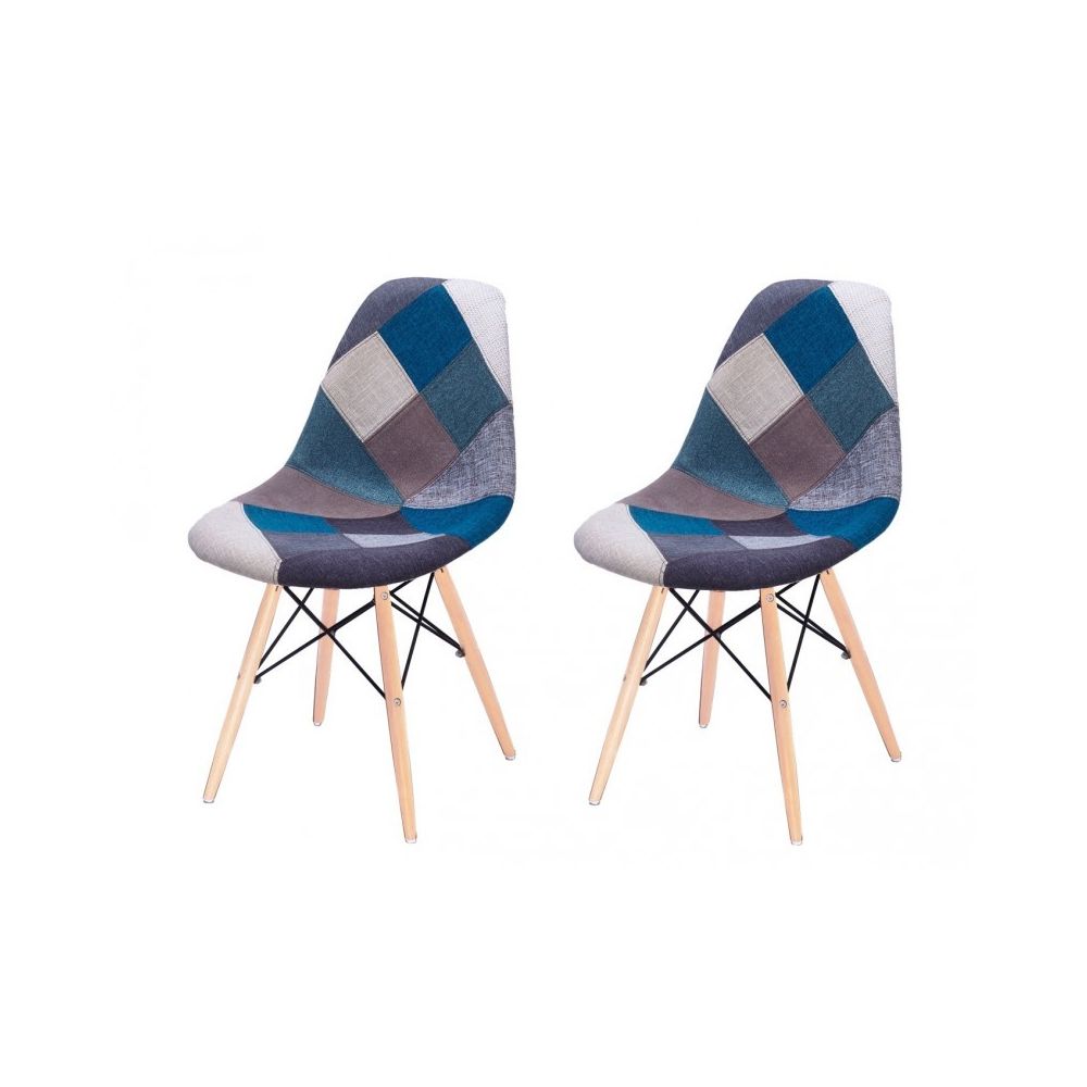 Meubletmoi - Lot 2 chaises Patchwork Bleu tissu & bois de hêtre - RETRO - Chaises