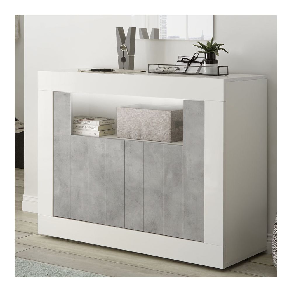 Kasalinea - Petit bahut 110 cm blanc et couleur béton gris moderne MABEL 5 - Buffets, chiffonniers