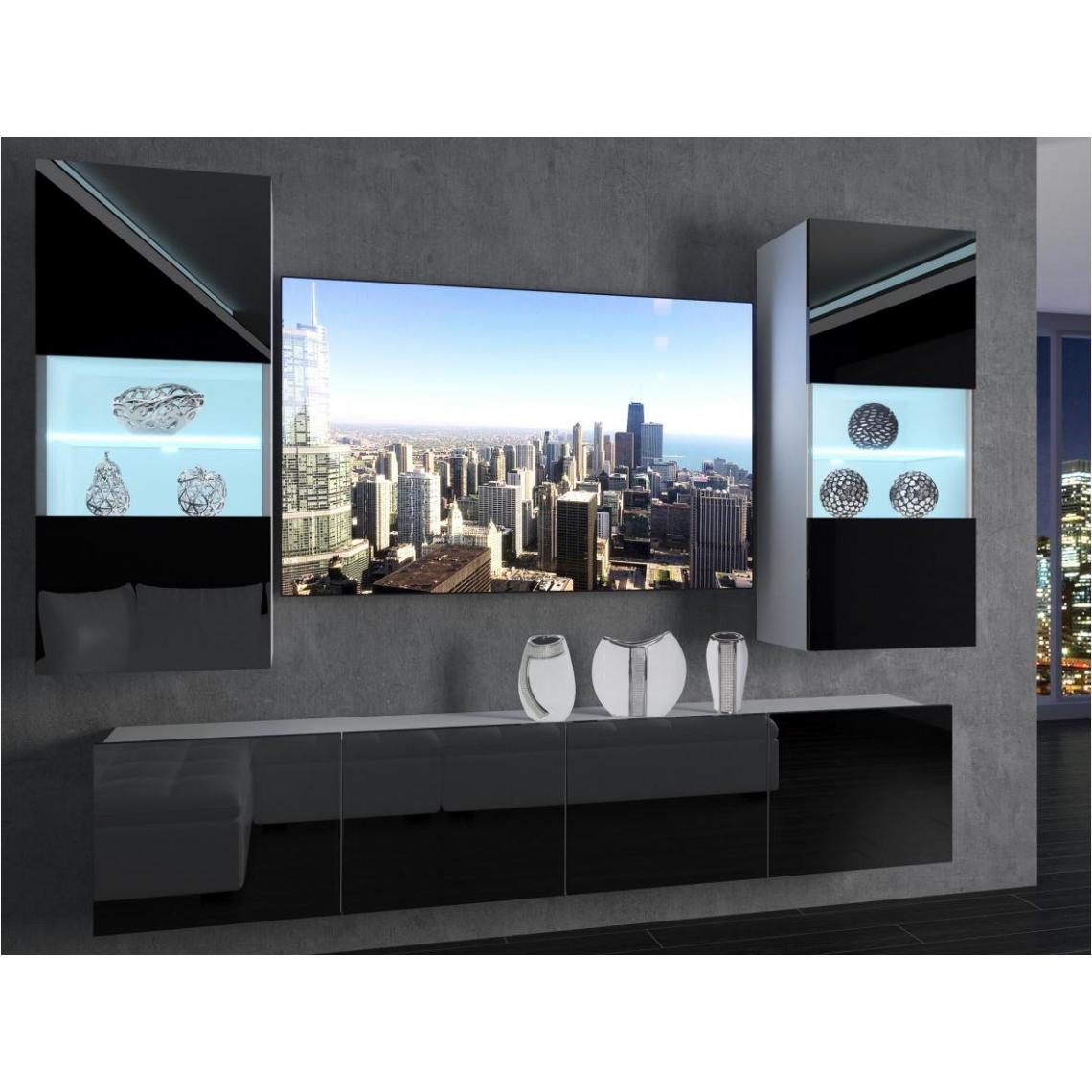 Hucoco - CYAN - Ensemble meubles TV + LED - Unité murale moderne - Largeur 200 cm - Mur TV à suspendre - 2 meuble vitrines - Noir - Meubles TV, Hi-Fi