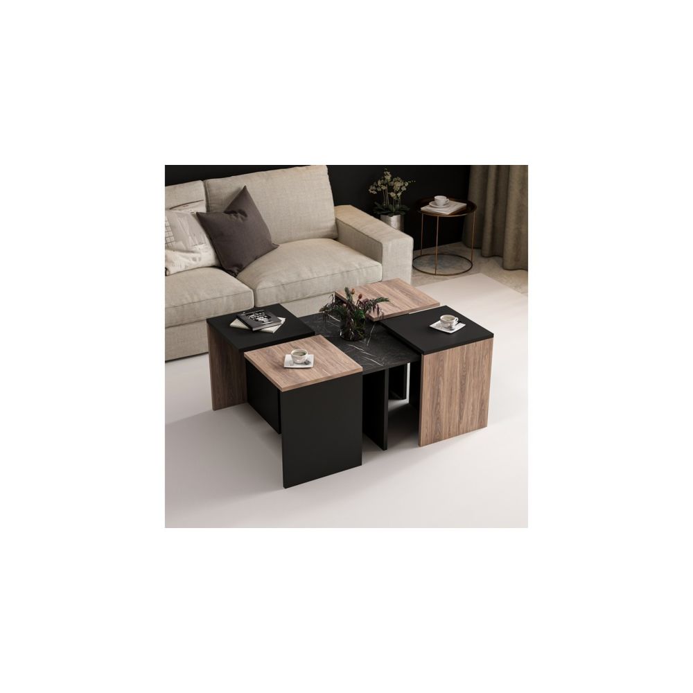 Homemania - HOMEMANIA Table Basse Owen Compacte Modulable - avec Étagères - pour Salon, Canapé - Noir en Bois, 88 x 74 x 12,2 cm - Tables basses