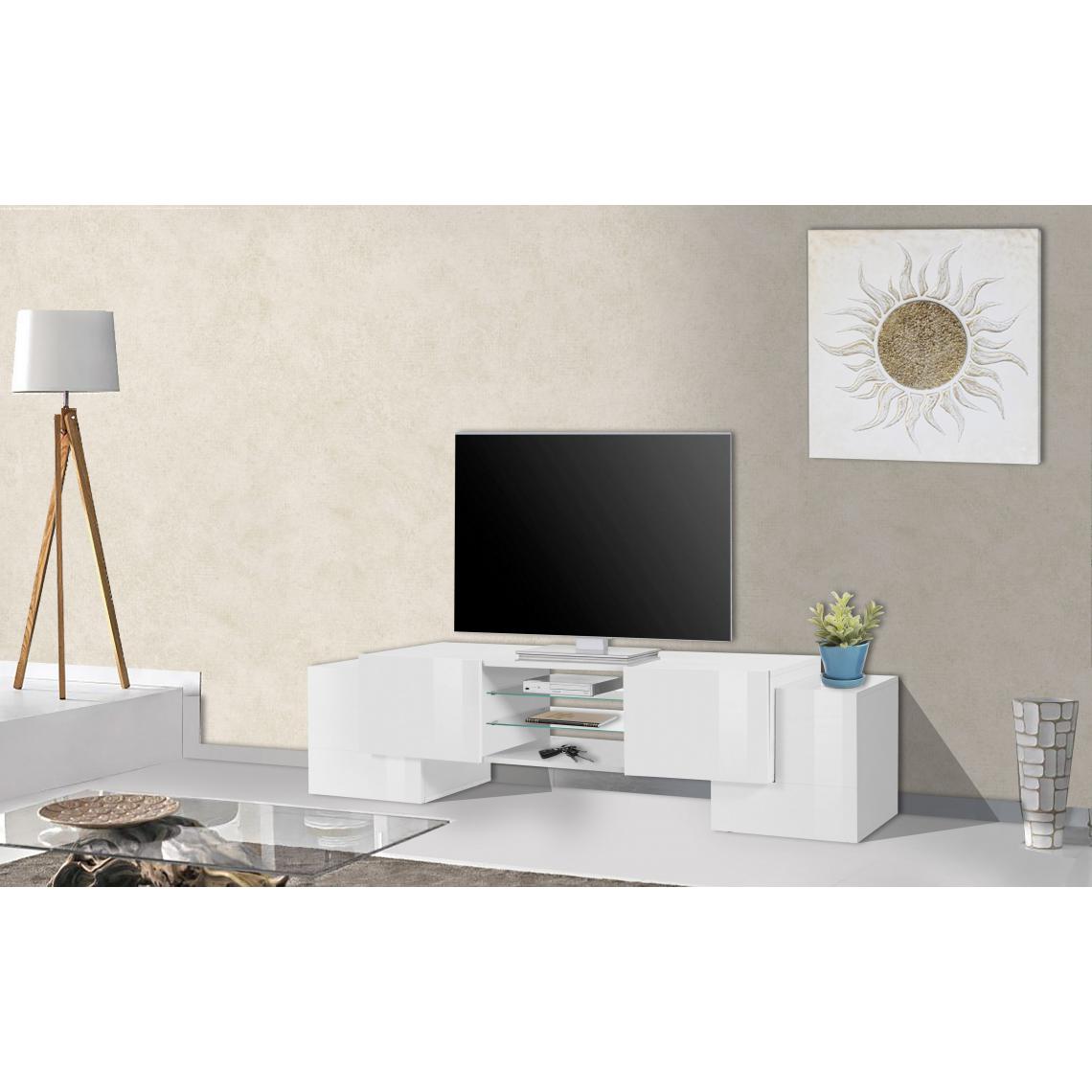 Alter - Meuble TV de salon, Made in Italy, Meuble TV avec 4 portes et étagères, 190x45h45 cm, couleur blanc brillant - Meubles TV, Hi-Fi