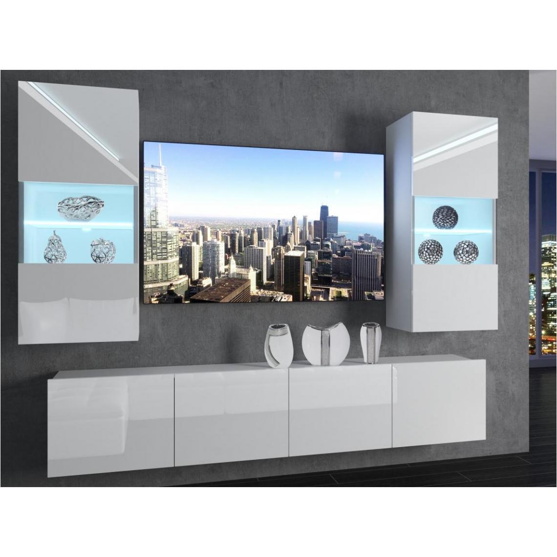 Hucoco - CYAN - Ensemble meubles TV - Unité murale largeur 200 cm - Mur TV à suspendre - 2 meuble vitrines - Sans LED - Blanc - Meubles TV, Hi-Fi