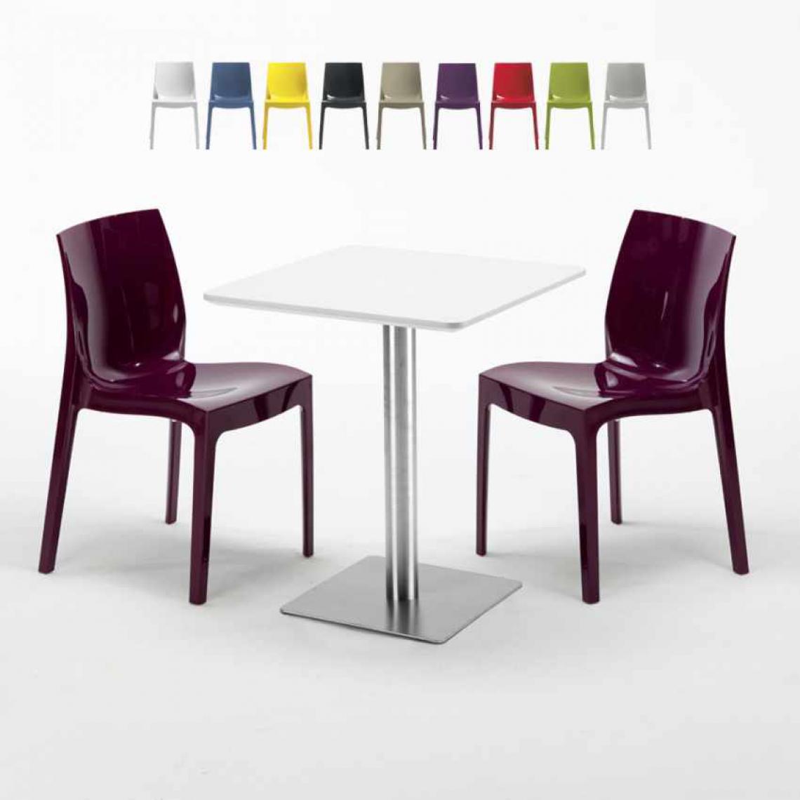 Grand Soleil - Table carrée 60x60 plateau blanc avec 2 chaises colorées Ice Hazelnut, Couleur: Pourpre - Tables à manger