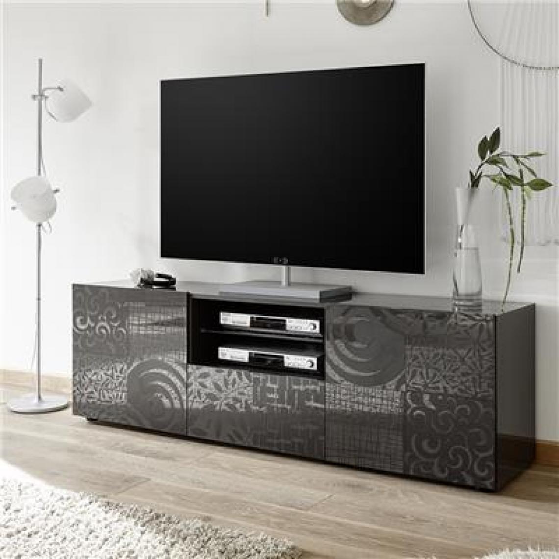 Nouvomeuble - Grand meuble TV laqué anthracite design ELMA 2 - Meubles TV, Hi-Fi