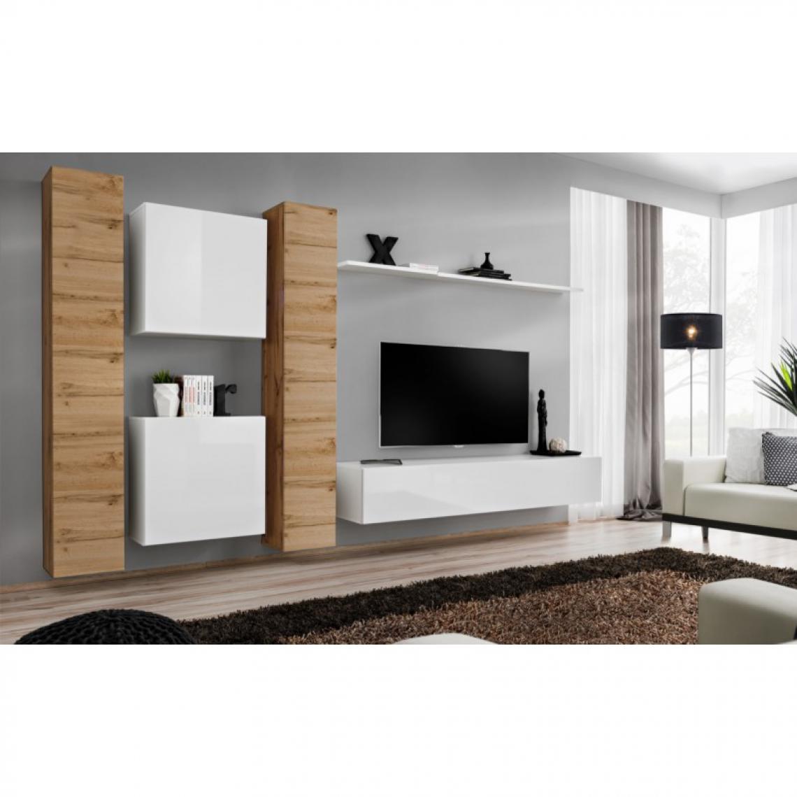 Ac-Deco - Meuble TV Mural Design Switch VI 330cm Naturel & Blanc - Meubles TV, Hi-Fi