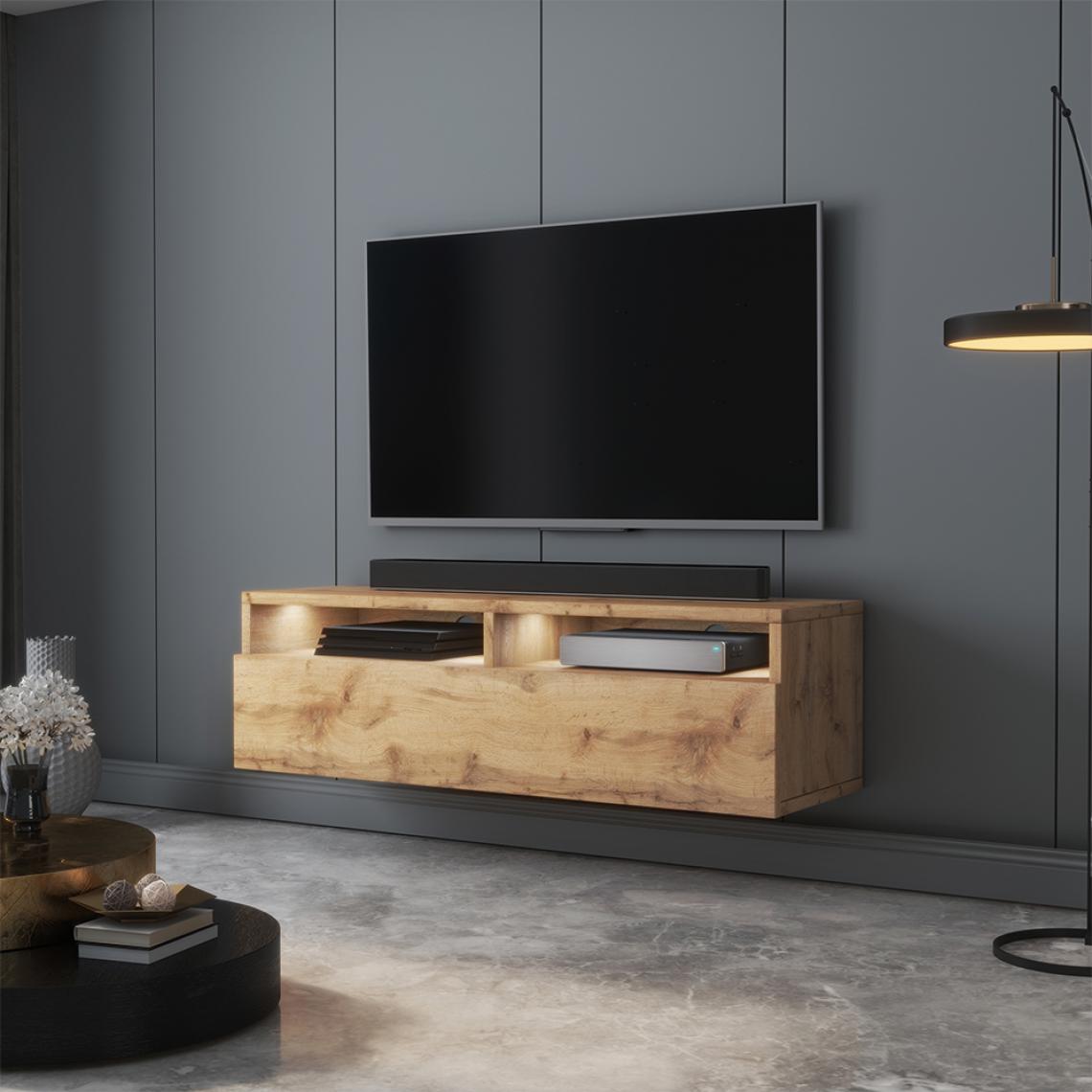 Selsey - Meuble TV - REDNAW - 100 cm - chêne wotan - avec LED - Meubles TV, Hi-Fi