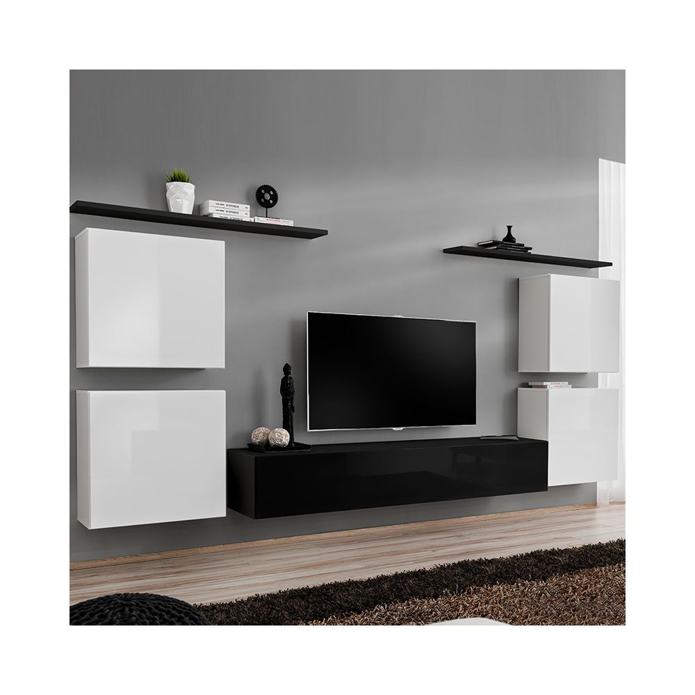 Nouvomeuble - Composition murale blanc et noir SALANDRA - Meubles TV, Hi-Fi