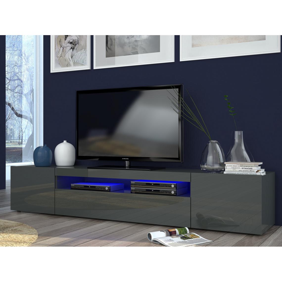 Alter - Meuble TV de salon, Made in Italy, Meuble TV avec 3 portes et étagères, cm 200x40h37, couleur anthracite brillant, avec lumière LED bleue - Meubles TV, Hi-Fi