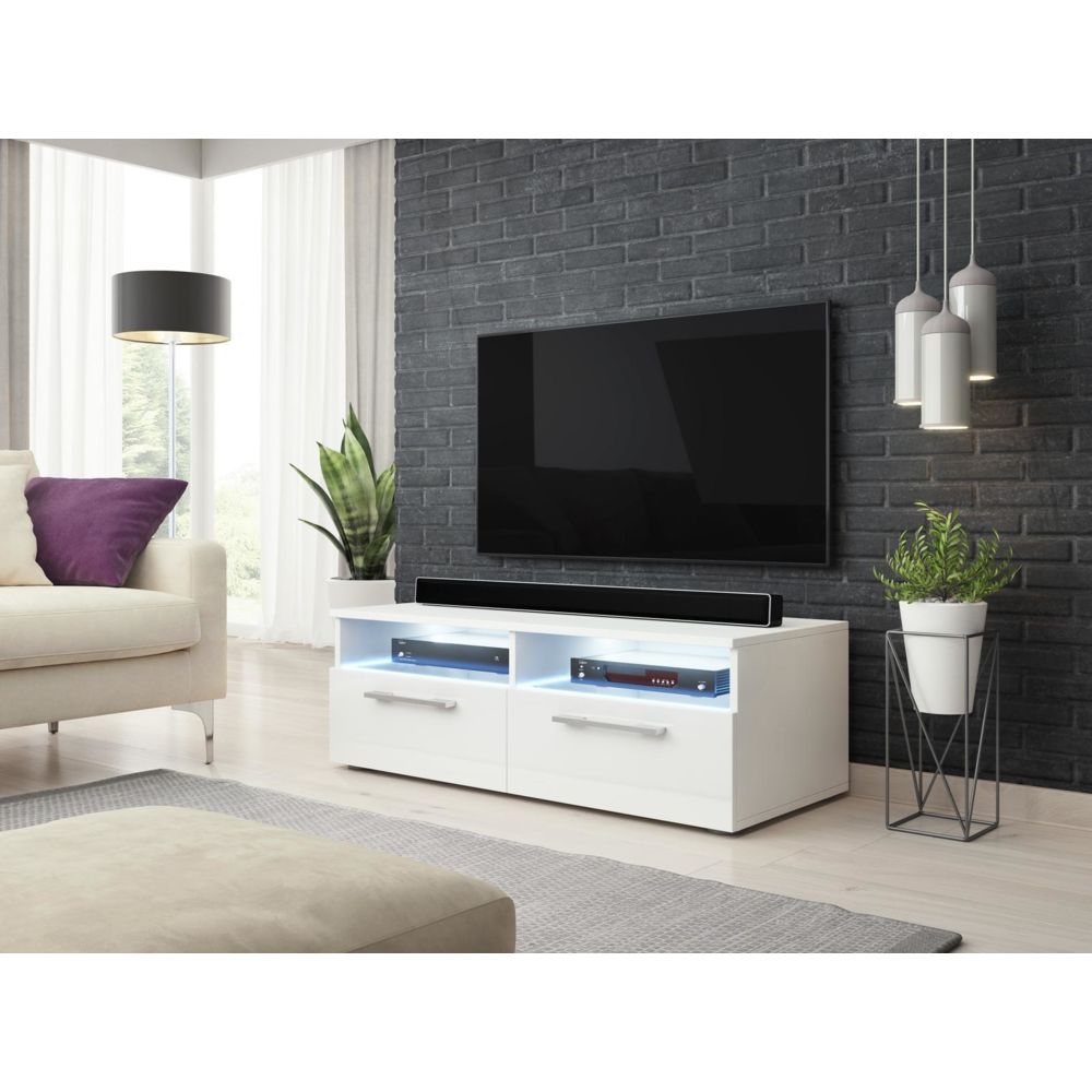 Vivaldi - VIVALDI Meuble TV - BONN - 100 cm - blanc mat / blanc brillant +LED - style moderne - Meubles TV, Hi-Fi
