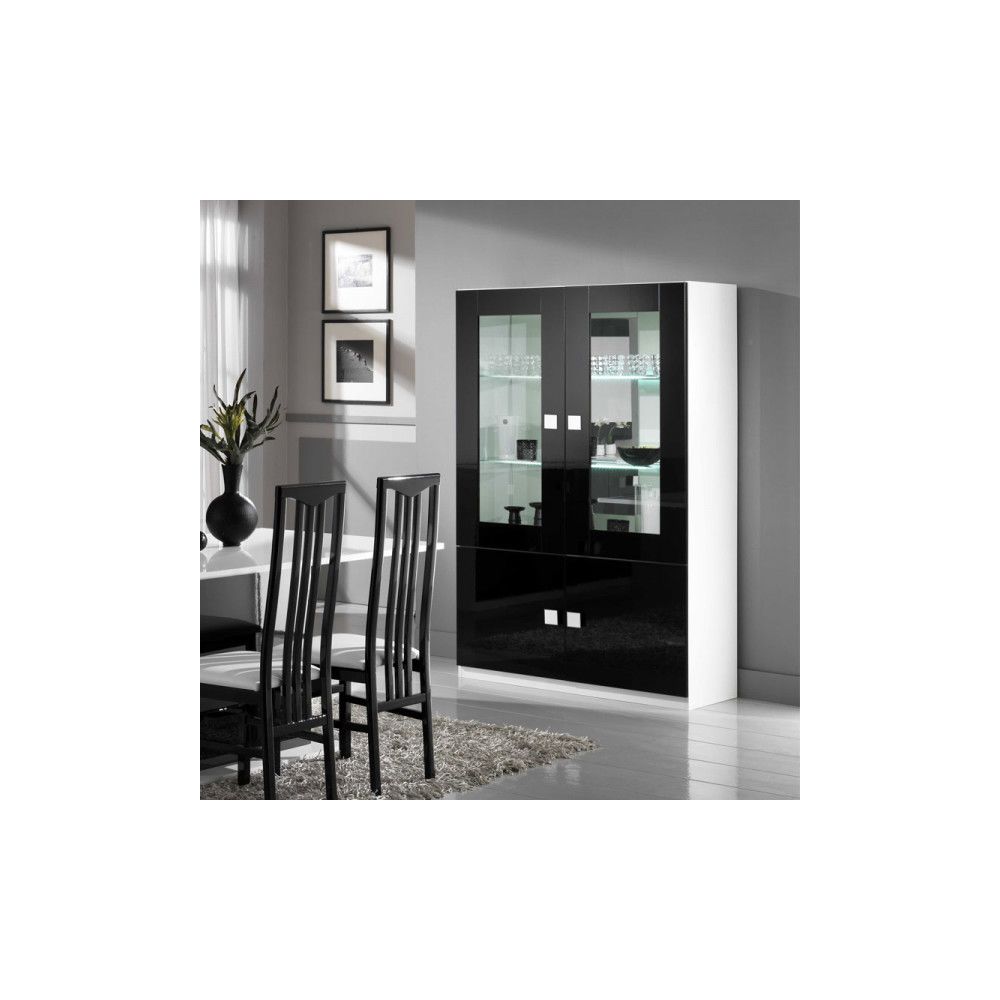 Dansmamaison - Vaisselier 4 portes Noir/Blanc laqué à LEDS - ZEME - L 118 x l 46 x H 181 cm - Buffets, chiffonniers