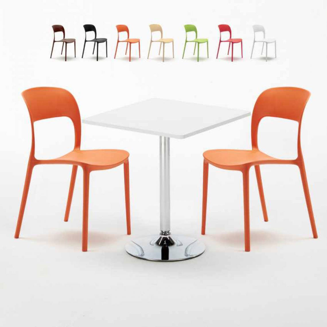 Ahd Amazing Home Design - Table Carrée Blanche 70x70cm Avec 2 Chaises Colorées Set Intérieur Bar Café Restaurant Cocktail, Couleur: Orange - Tables à manger