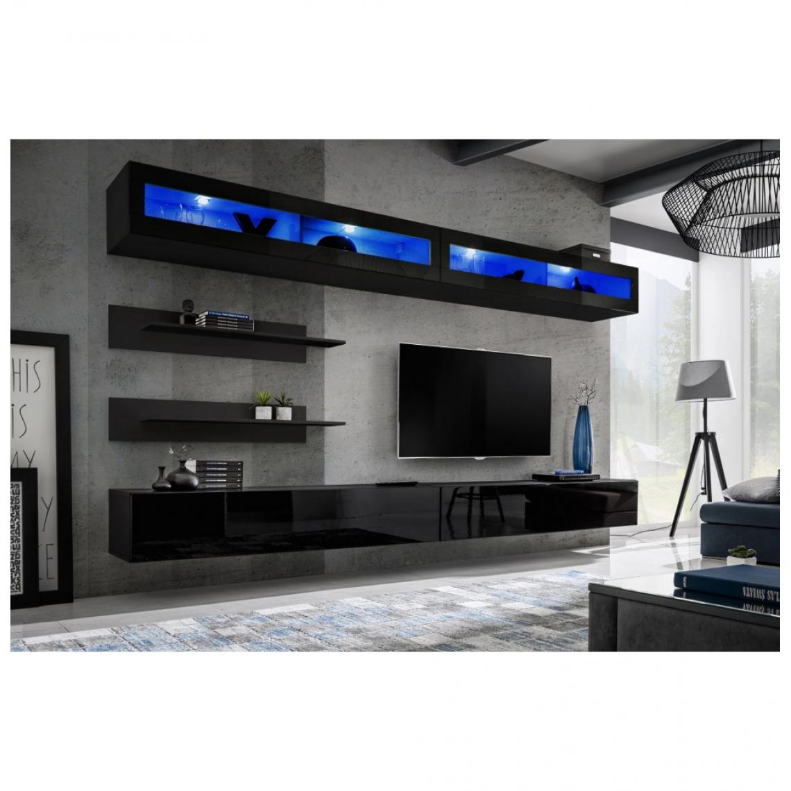 Ac-Deco - Ensemble mural - FLY I - 2 rangements LED - 2 meubles TV - 2 étagères - Noir - Modèle 1 - Meubles TV, Hi-Fi