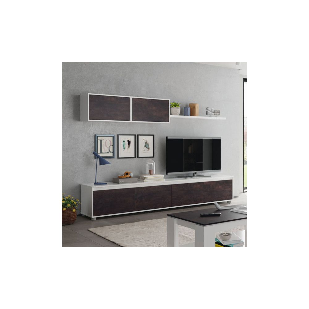 Dansmamaison - Composition TV Blanc/Béton ciré foncé - RUYRUY - L 200 x l 41 x H 43 cm - Meubles TV, Hi-Fi