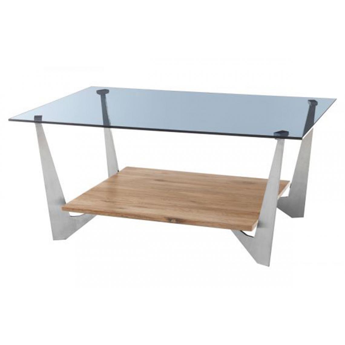 Pegane - Table basse avec rangement en chêne massif huilé et verre gris - L.90 x H.40 x P.60 cm - Tables basses