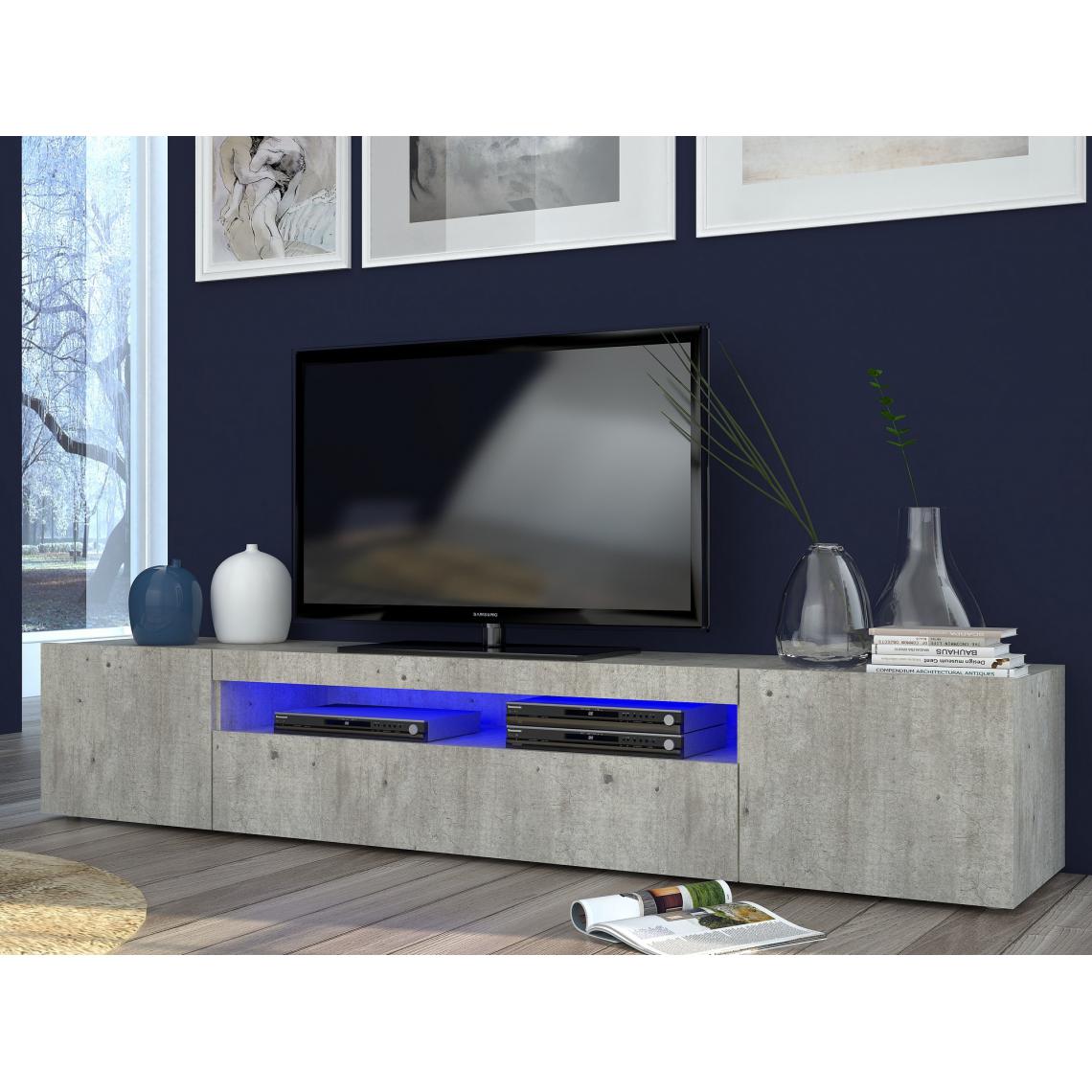 Alter - Meuble TV de salon, Made in Italy, Meuble TV avec 3 portes et étagères, cm 200x40h37, Couleur ciment, avec lumière LED bleue - Meubles TV, Hi-Fi