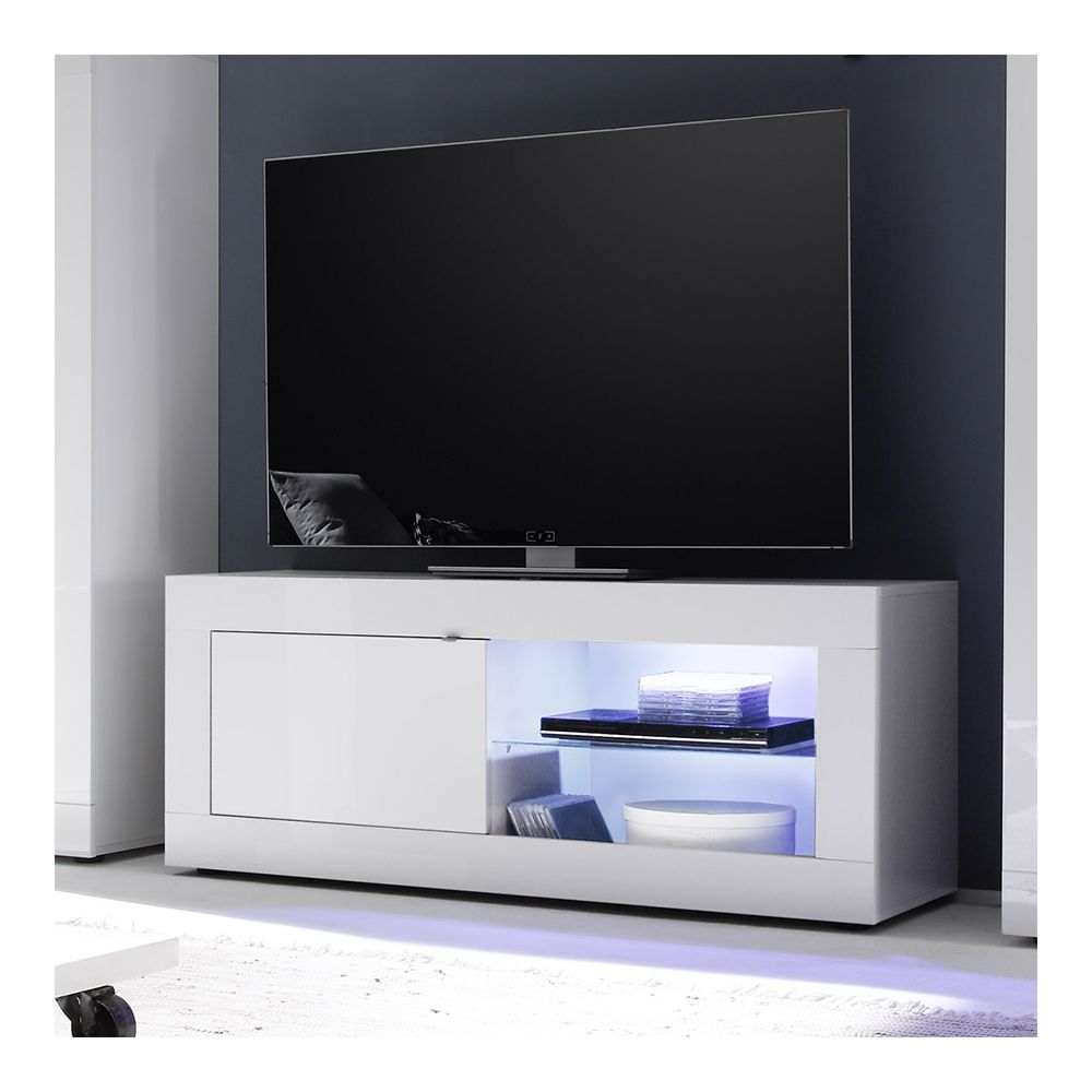 Kasalinea - Meuble TV lumineux blanc laqué design ARIEL avec éclairage - L 140 cm - Meubles TV, Hi-Fi