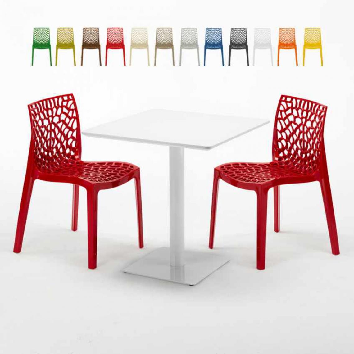 Grand Soleil - Table carrée 70x70 blanche avec 2 chaises colorées Gruvyer Meringue, Couleur: Rouge - Tables à manger