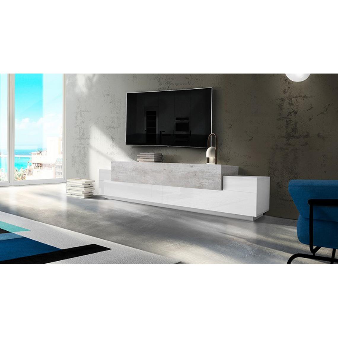 Alter - Meuble TV de salon, Made in Italy, Meuble TV avec 3 portes et étagères, 240x45h52 cm, Blanc brillant et couleur Ciment - Meubles TV, Hi-Fi