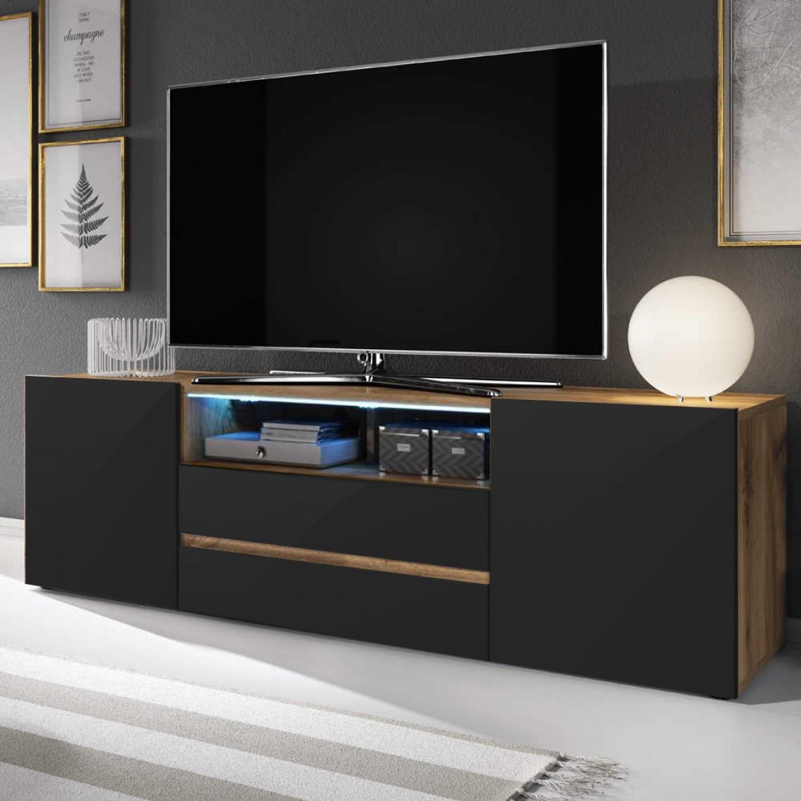 Selsey - Meuble TV - BROS - 137 cm - chêne wotan / noir brillant - avec LED - Meubles TV, Hi-Fi
