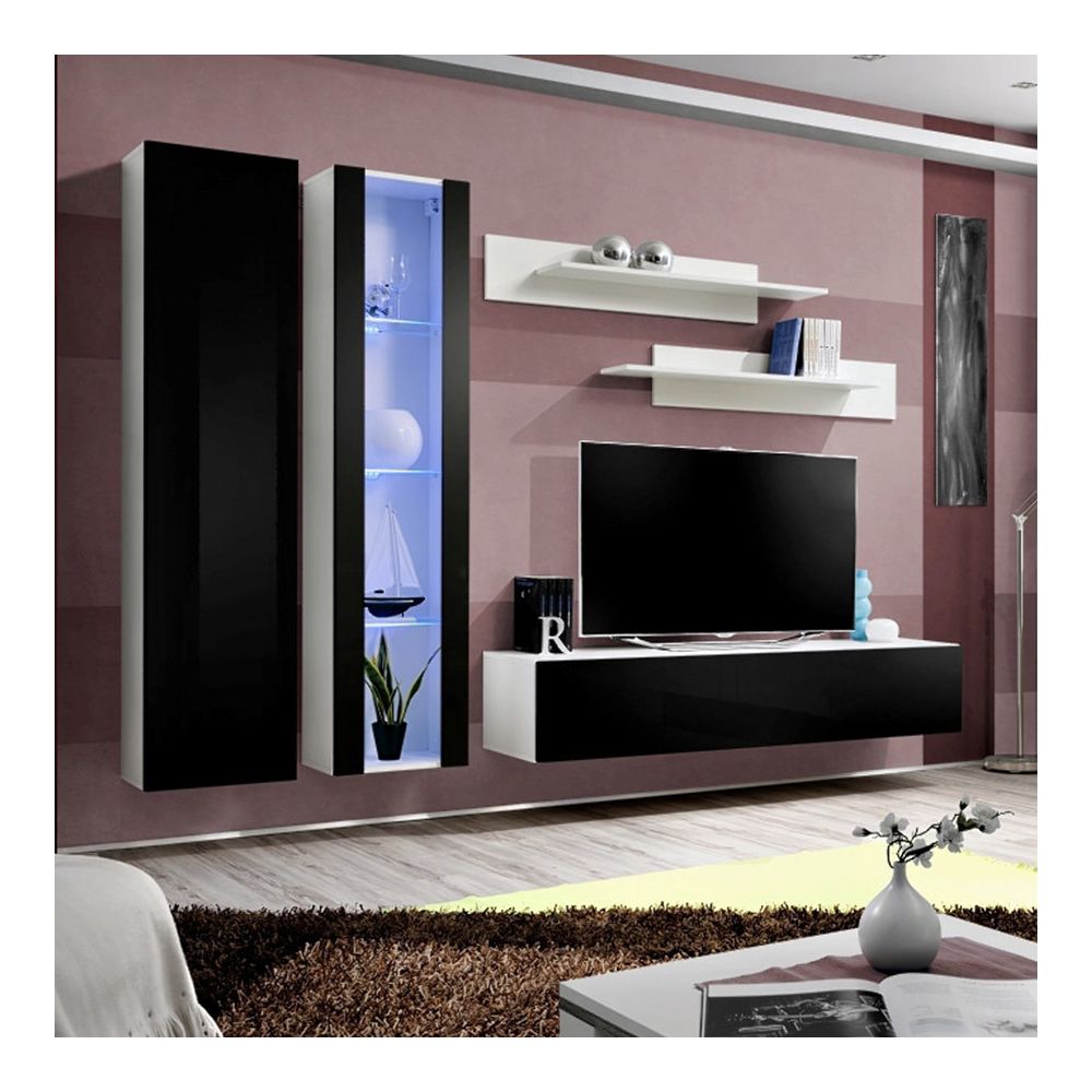 Nouvomeuble - Meuble TV complet noir et blanc PADRU - Meubles TV, Hi-Fi
