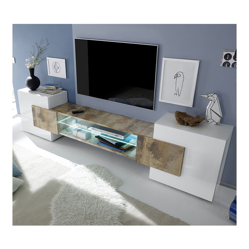 Kasalinea - Meuble TV moderne blanc laqué brillant et couleur bois EROS 2 avec éclairage - Meubles TV, Hi-Fi