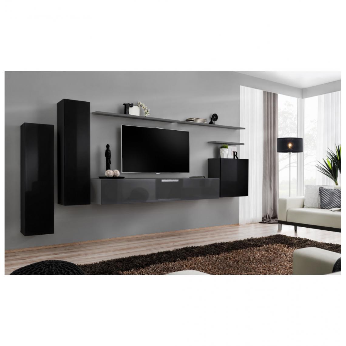 Ac-Deco - Ensemble mural - Switch I - 3 vitrines verticales - 1 banc TV - 3 étagères murales - Noir et graphite - Modèle 2 - Meubles TV, Hi-Fi