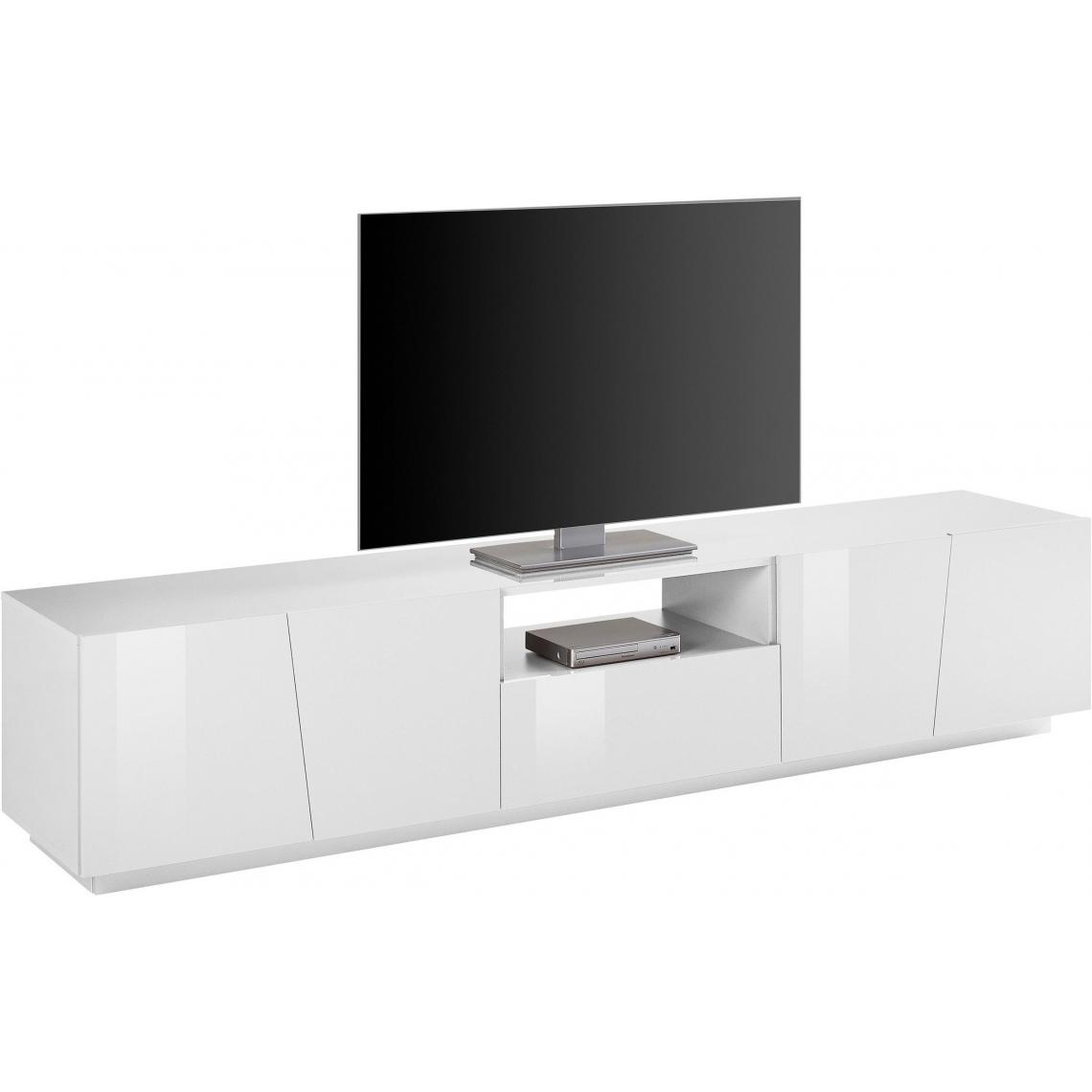 Alter - Meuble TV de salon, Made in Italy, Meuble TV avec 4 portes et 1 tiroir, 220x43h46 cm, couleur blanc brillant - Meubles TV, Hi-Fi