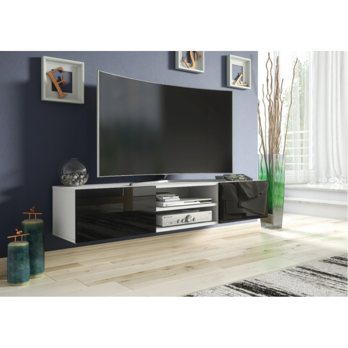 3xeliving - 3xEliving Meuble TV avec rangement Demi 2 15 120 cm Blanc / Noir Brillant, Largeur: 120cm, Profondeur: 35cm, Hauteur: 30 cm. - Meubles TV, Hi-Fi