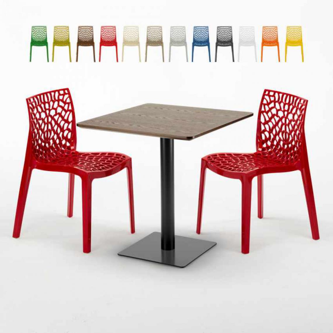 Grand Soleil - Table carrée 70x70 plateau effet bois avec 2 chaises colorées Gruvyer Melon, Couleur: Rouge - Tables à manger