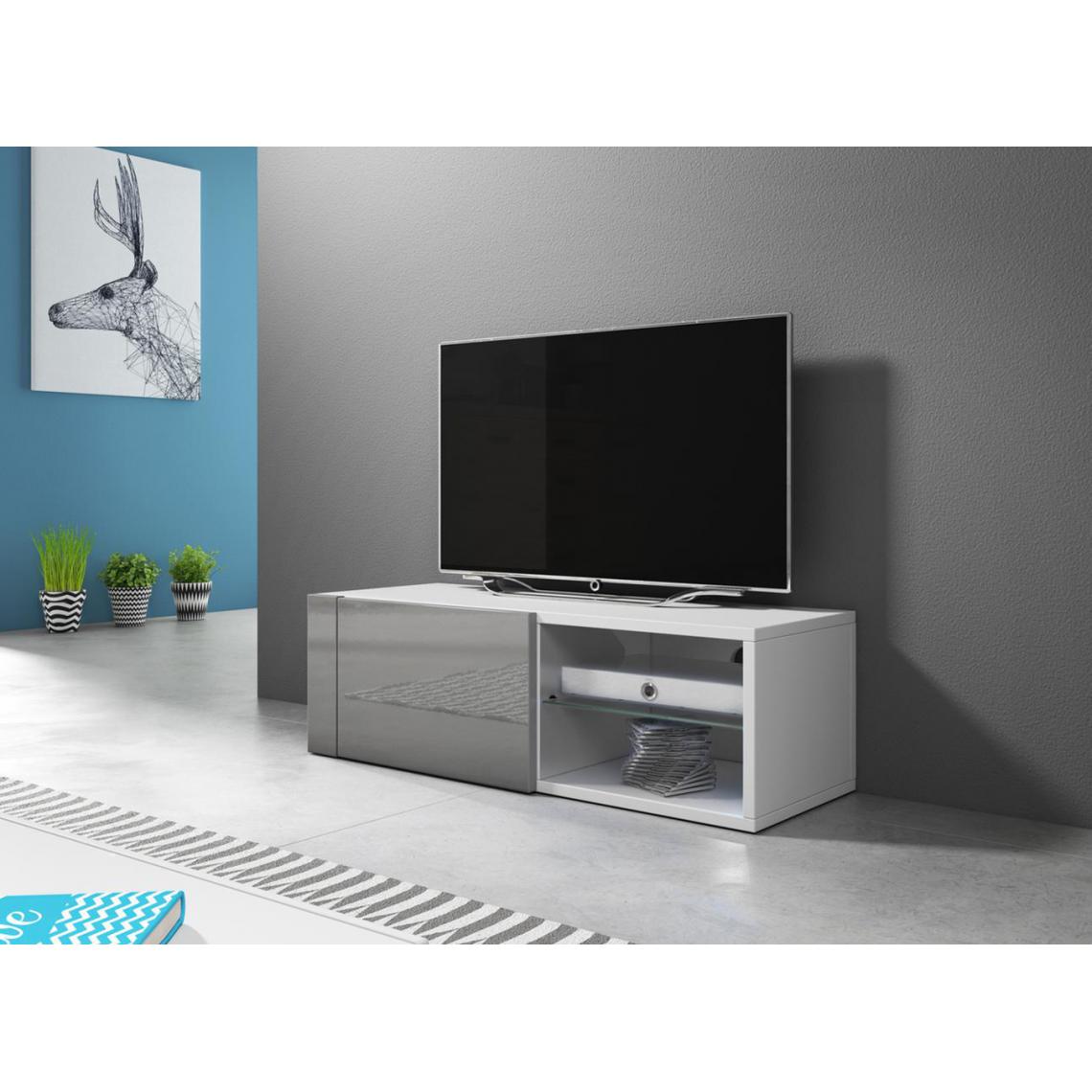 Pegane - Meuble TV coloris blanc mat / gris brillant - Hauteur 31 x Longueur 100 x Profondeur 36 cm - Meubles TV, Hi-Fi