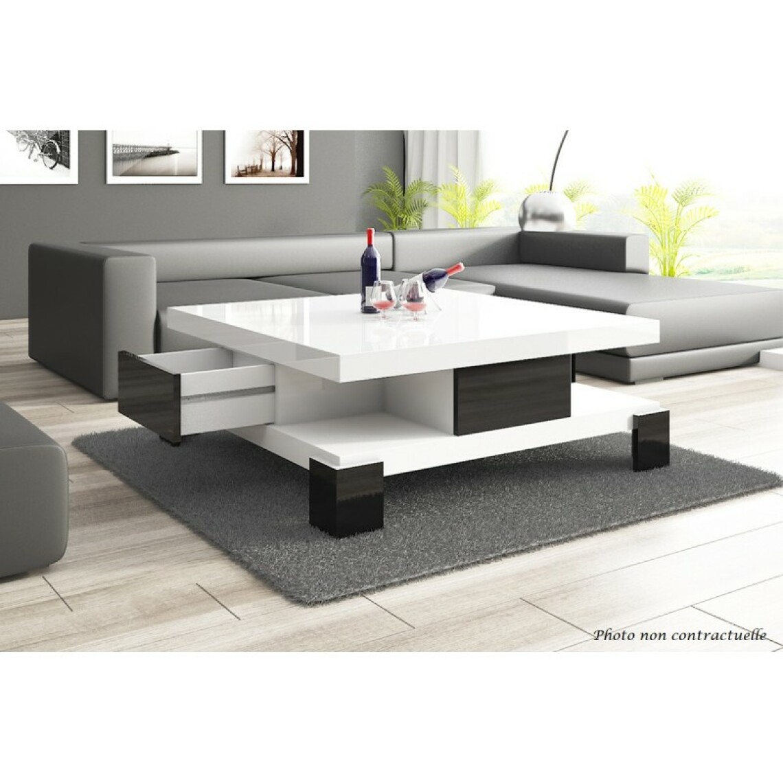 Carellia - Table basse design 105 cm x 105 cm x 40 cm - Blanc/Noir - Tables basses