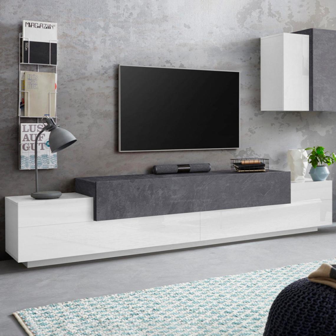 Ahd Amazing Home Design - Meuble TV 240cm 4 Compartiments 3 Portes Design Moderne Corona Low Ardesia - Meubles TV, Hi-Fi