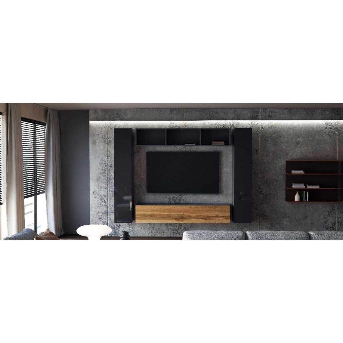 Mpc - Ensemble de 4 meubles suspendus noir mat / chêne wotan + noir laqué - Meubles TV, Hi-Fi