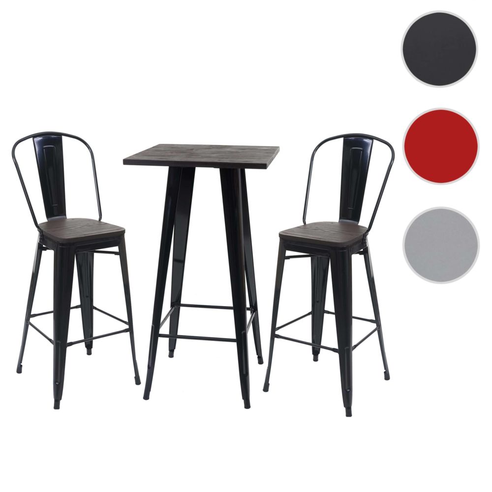 Mendler - Set table mange-debout + 2x tabouret de bar HWC-A73, plateau en bois, design industriel, métal ~ noir - Tables à manger