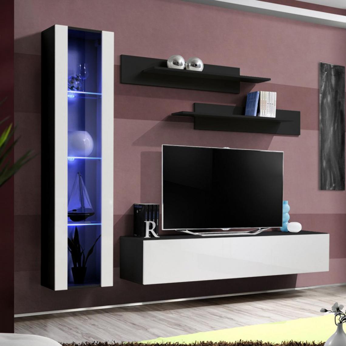 Ac-Deco - Meuble TV Mural Design Fly II 210cm Blanc & Noir - Meubles TV, Hi-Fi