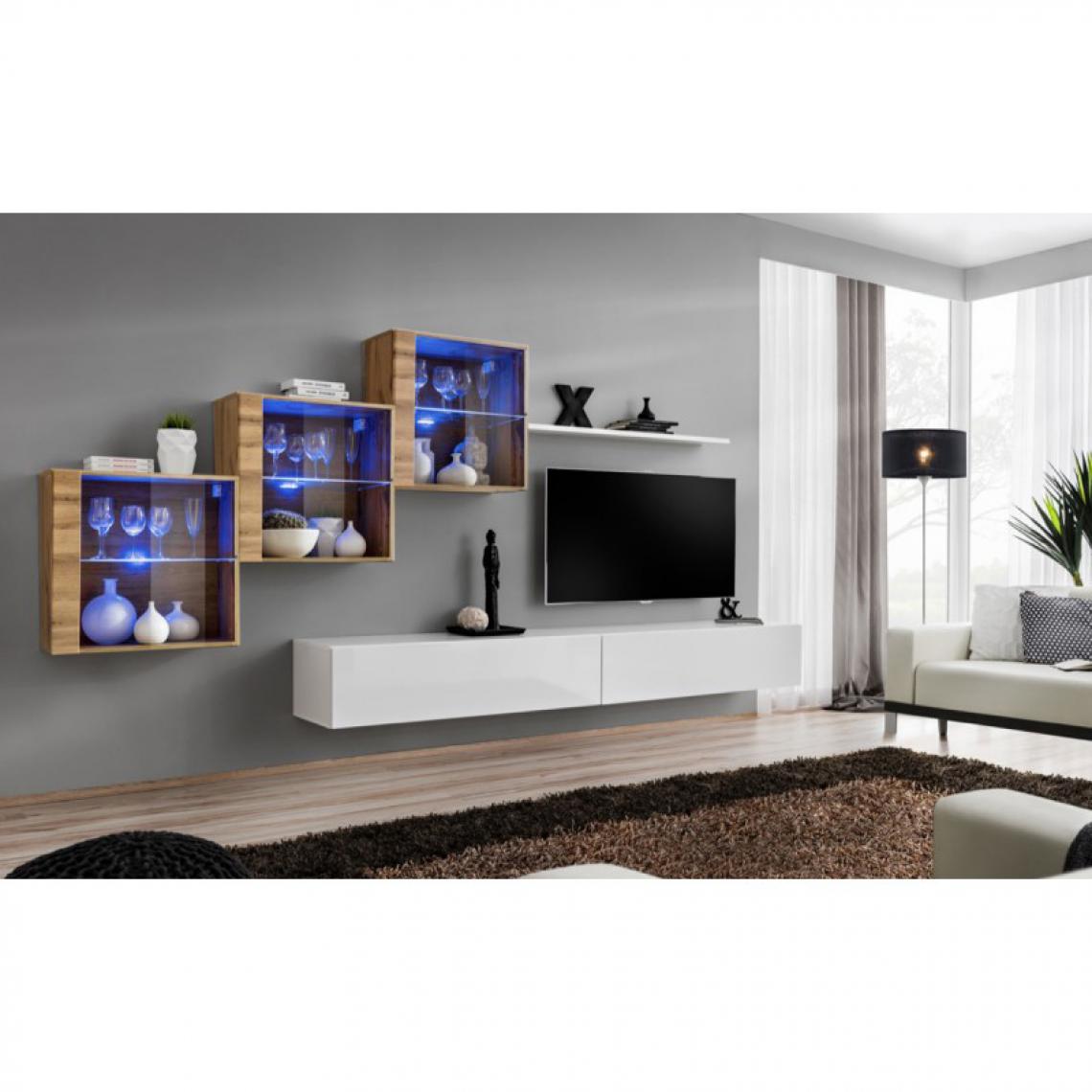 Ac-Deco - Meuble TV Mural Design Switch XX 330cm Blanc & Naturel - Meubles TV, Hi-Fi