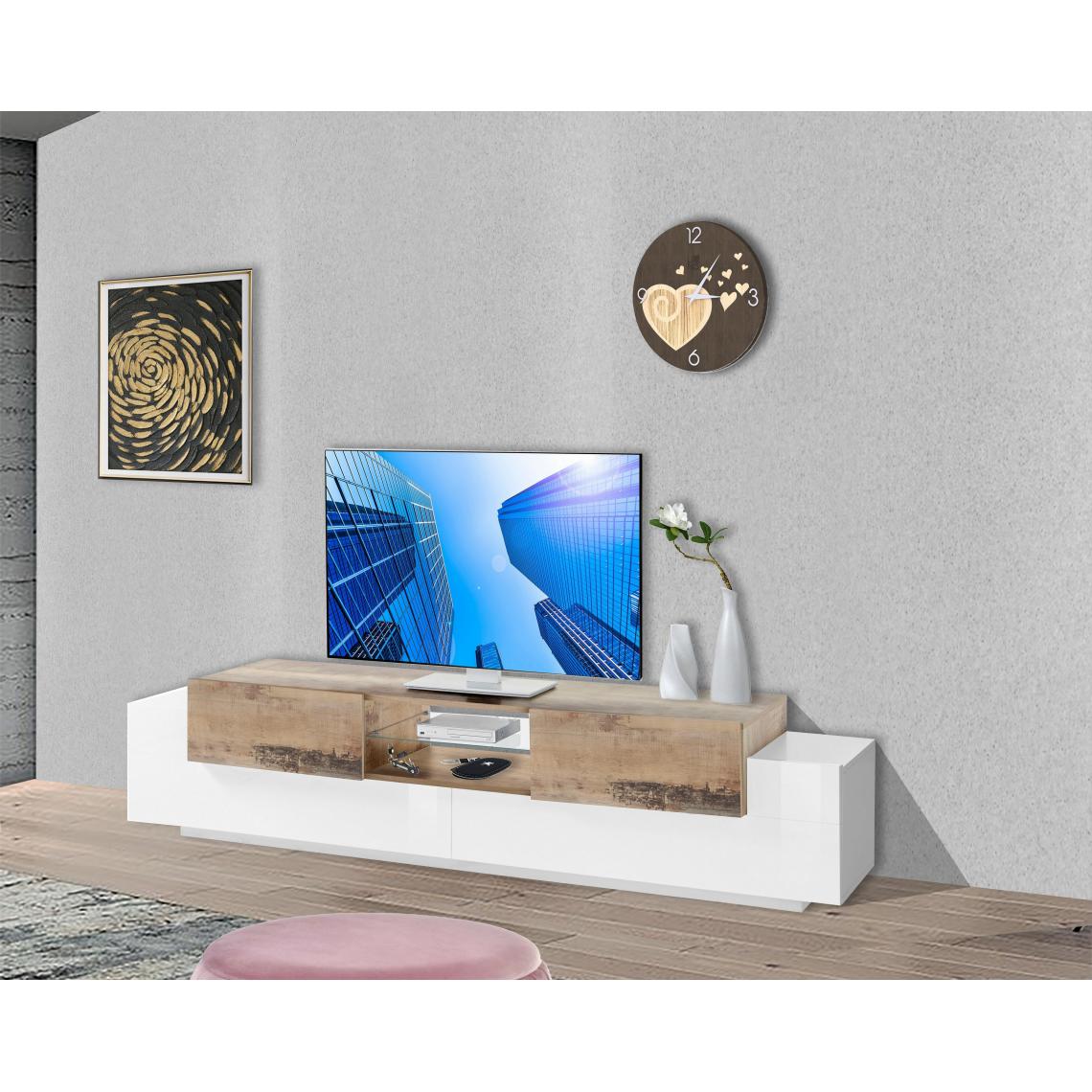 Alter - Meuble TV de salon, Made in Italy, Meuble TV avec 4 portes et étagères, 220x45h51 cm, Couleur blanc brillant et érable - Meubles TV, Hi-Fi