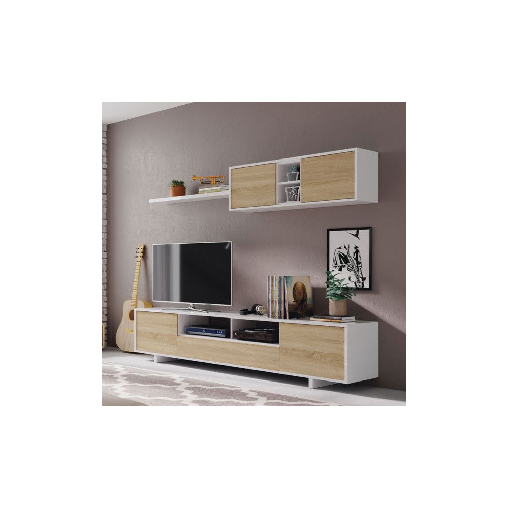 Dansmamaison - Composition TV Blanc/Chêne clair - IRVINE - L 200 x l 41 x H 46 cm - Meubles TV, Hi-Fi